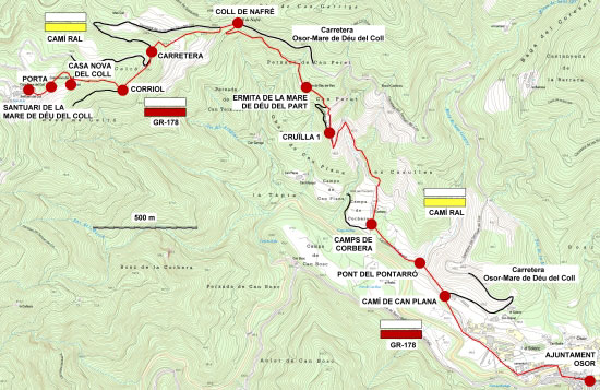 Plànol recorregut de la ruta Osor - Mare de Déu del Coll