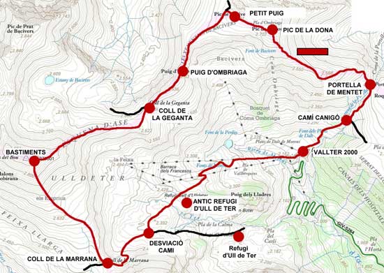 Plànol recorregut de la ruta Pic de la Dona - Bastiments