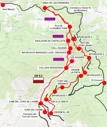 Plànol recorregut de la ruta Castellets - Agudes - Turó de l'Home