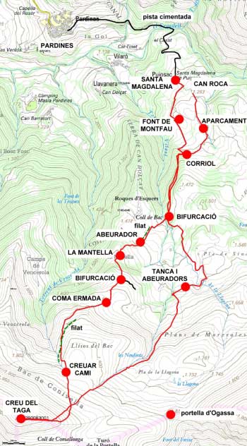 Plànol recorregut de la ruta Pardines - Taga