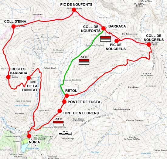 Plànol recorregut de la ruta Núria - Noucreus - Noufonts