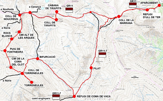 Plànol recorregut de la ruta Torreneules - Coma de Vaca