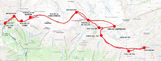 Plànol recorregut de la ruta Costabona des de Vallter