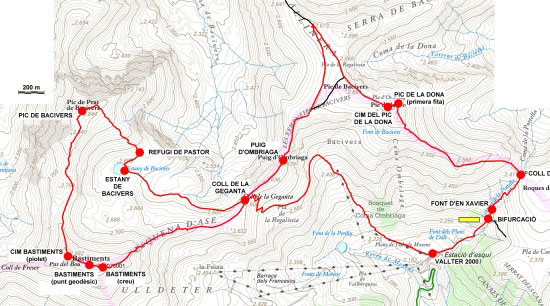 Plànol recorregut de la ruta Vallter - Pic de la Dona - Bacivers - Bastiments