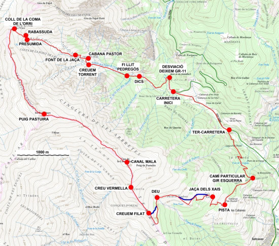 Plànol recorregut de la ruta Coma de l'Orri - Puig Pastuira (o de les Borregues) - Creu Vermella