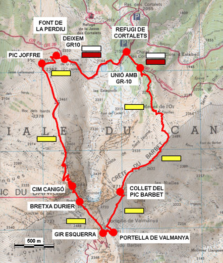 Plànol recorregut de la ruta Cortalets - Canigó - Cresta de Barbet