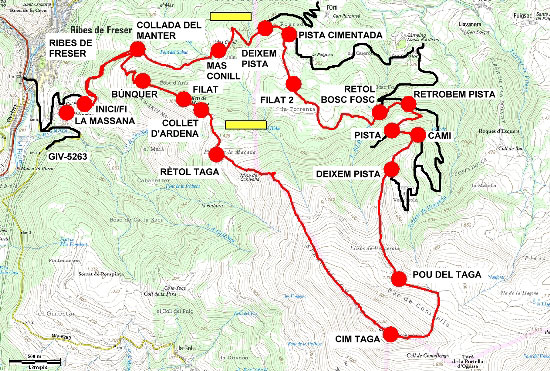 Plànol recorregut de la ruta Ribes de Freser - Taga