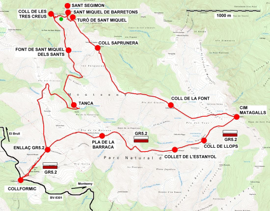 Plànol recorregut de la ruta Collformic - Matagalls - Sant Segimon